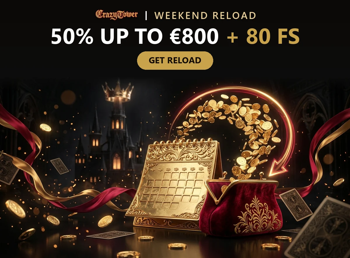 Golden desk calendar with coins pouring from a velvet purse for weekly and weekend reloads