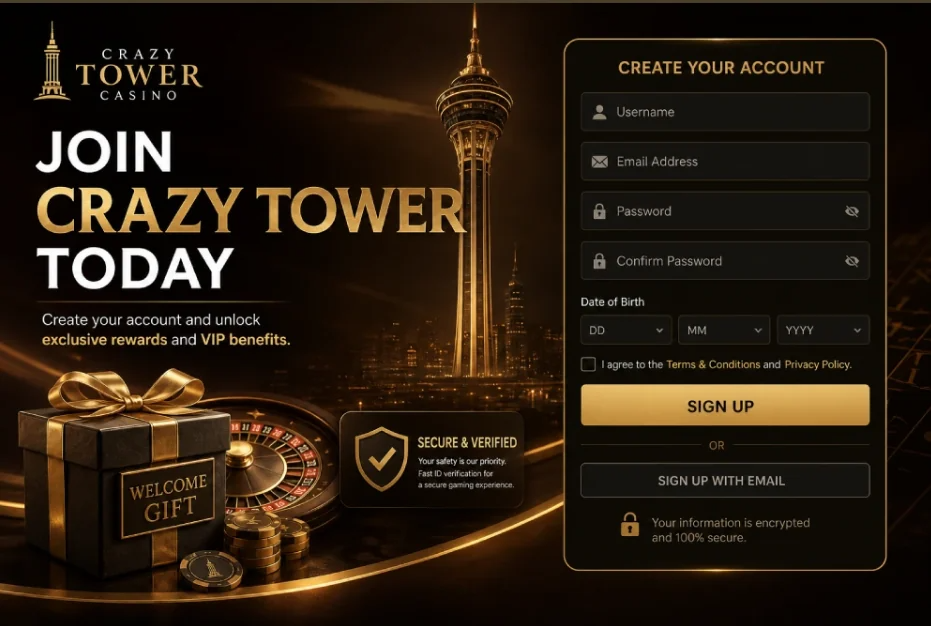 Join crazy tower casino banner with a sign up form welcome gift box and golden tower