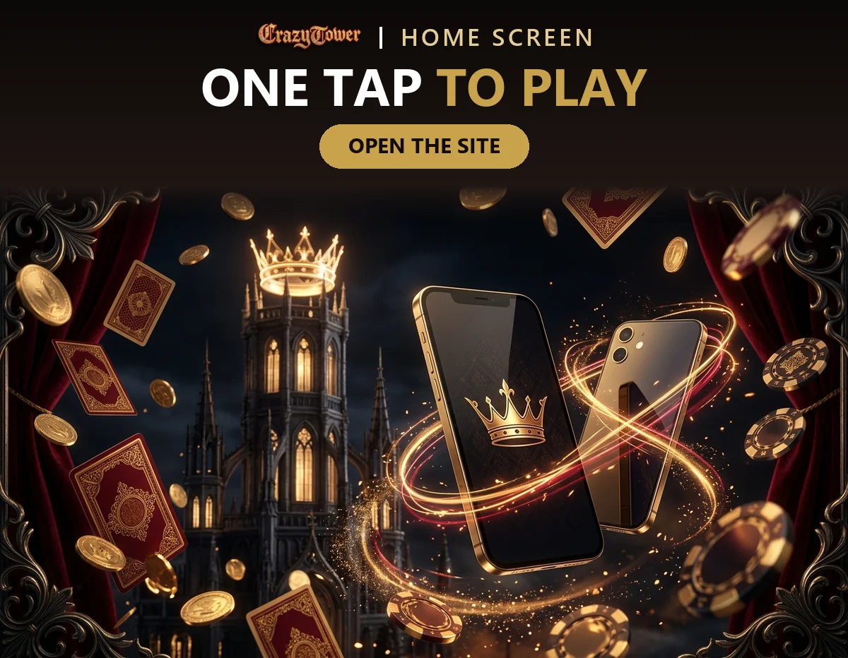 Smartphone with a golden crown icon on its home screen in front of a gothic tower